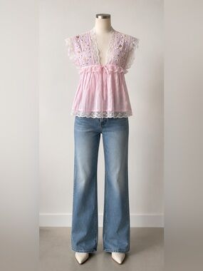 Paul & Joe 100% Cotton Pink Embroidered Lace Babydoll Top | Size 1 (Small)